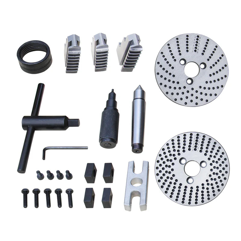 Conjuntos de Cabezal Divisor Semi-Universal KAKA INDUSTRIAL BS-0/BS-1 de 5"/6", con plato de 5"/6", contrapunto, platos divisores, plato de 3 mordazas — Conjunto de Fresado Semi-Universal