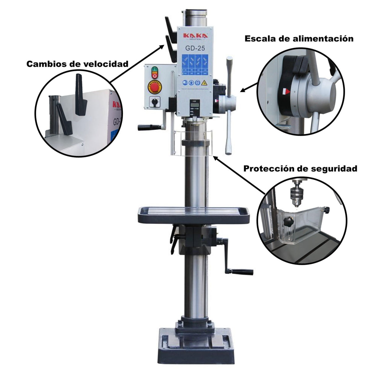 GD-25 Taladro Vertical de Columna de Ocho Velocidades, Cap. de Barrenado 25 mm 1.2 HP de Potencia. Kayka Industrial