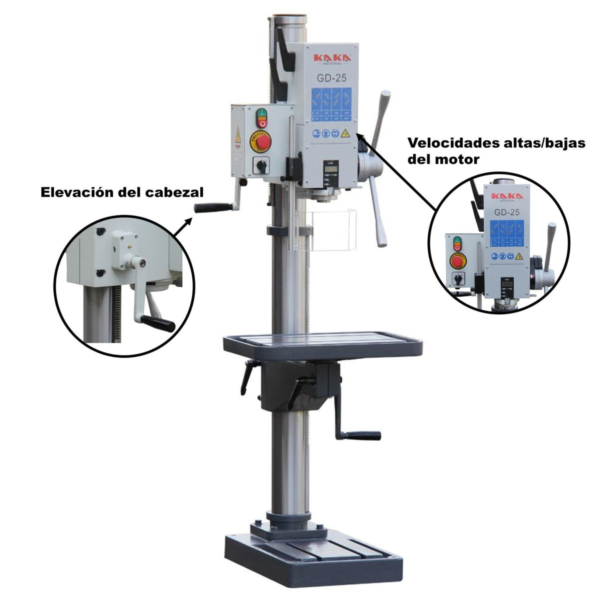 GD-25 Taladro Vertical de Columna de Ocho Velocidades, Cap. de Barrenado 25 mm 1.2 HP de Potencia. Kayka Industrial